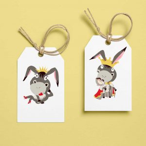 Gift tag mockups with illustrations of a king and queen donkey printed on each one