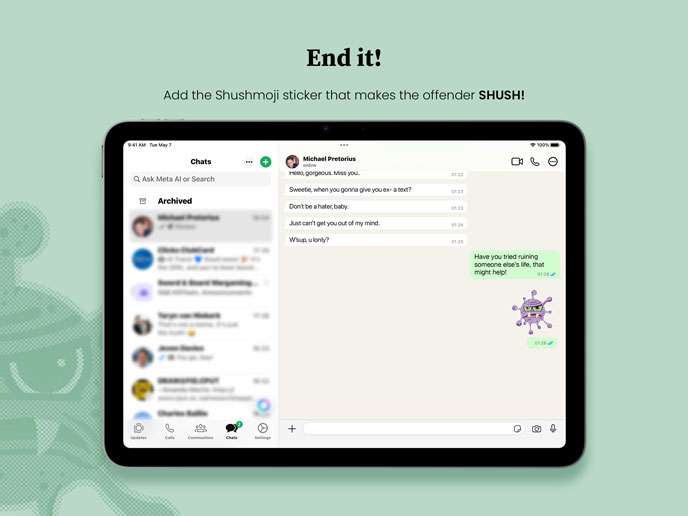 Ipad-AppStore-ScreensiPad---10 End WhatsApp conversation with Shushmoji chat sticker on iPad