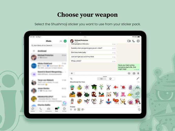 Ipad-AppStore-ScreensiPad---9- Select a free Shushmoji WhatsApp chat sticker on iPad